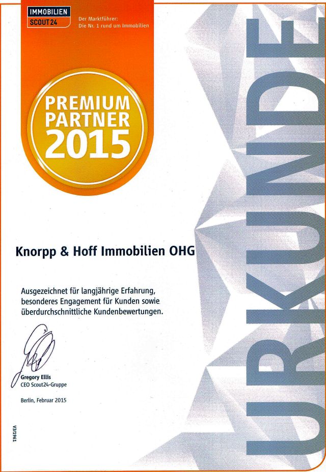 Urkunde Immoscout zum Premium-Partner 2015